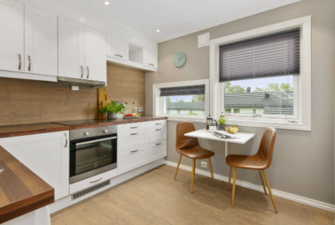 Brown and white small kitchen