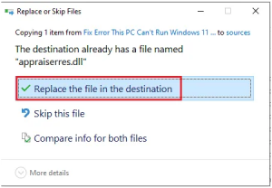 Replace the files in the destination option