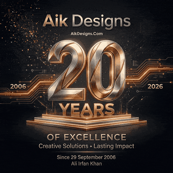 Aik Designs 20 years anniversary logo celebrating two decades of digital marketing and web services by ali Irfan khan