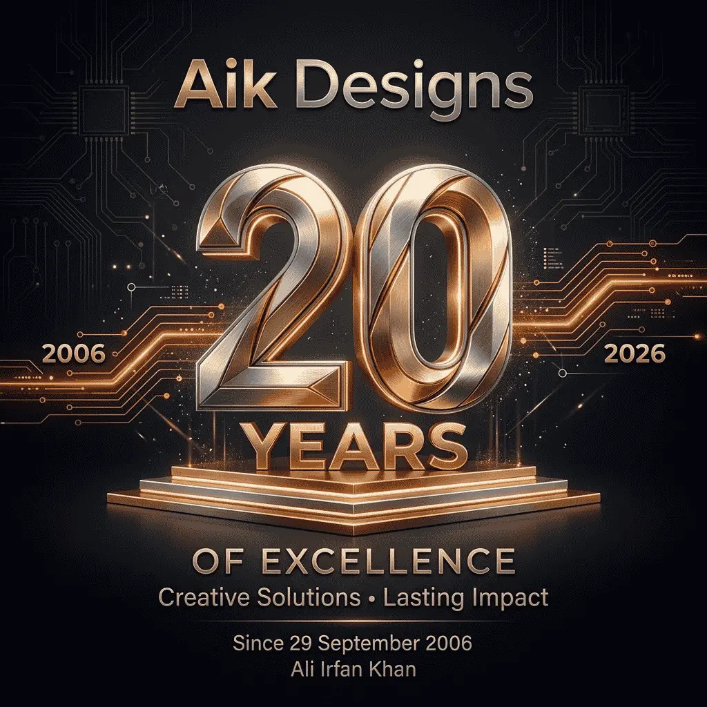 Aik Designs 20 years anniversary logo celebrating two decades of digital marketing and web services by ali Irfan khan