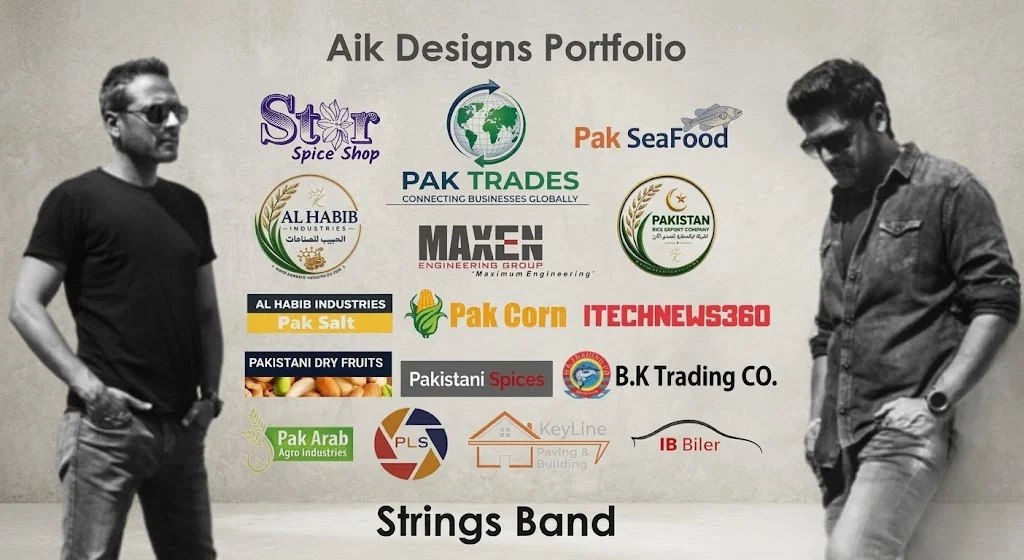 Selected Aik Designs clients and past projects including Strings, Maxen Engineering Group, Pak Trades, Pak SeaFood, Al Habib Industries, Pak Salt and Pakistan Rice Export Company